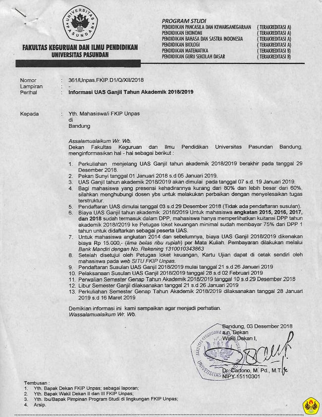 Informasi Pelaksanaan UAS Ganjil Tahun Akademik 2018/2019