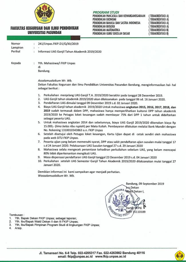 Informasi Pelaksanaan UAS Semester Ganjil Tahun Akademik 2019/2020
